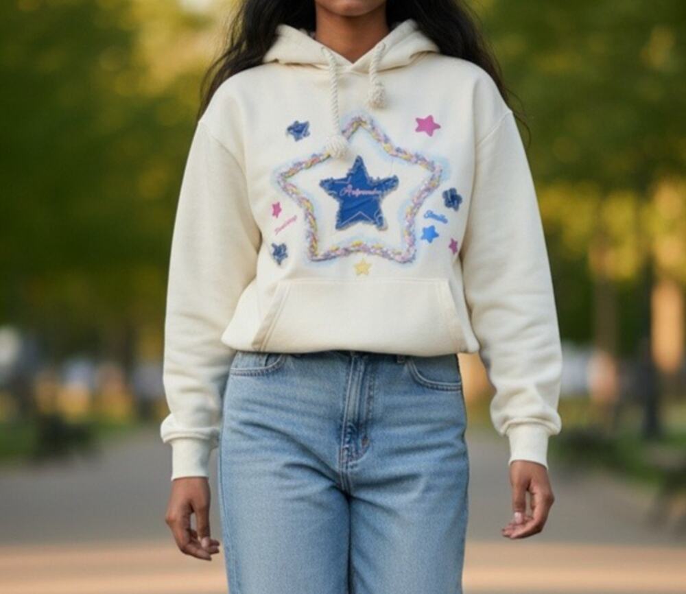 Aelfric Eden Colorful Star Graphic Pullover Hoodie Off-White XS Oversized Y2K